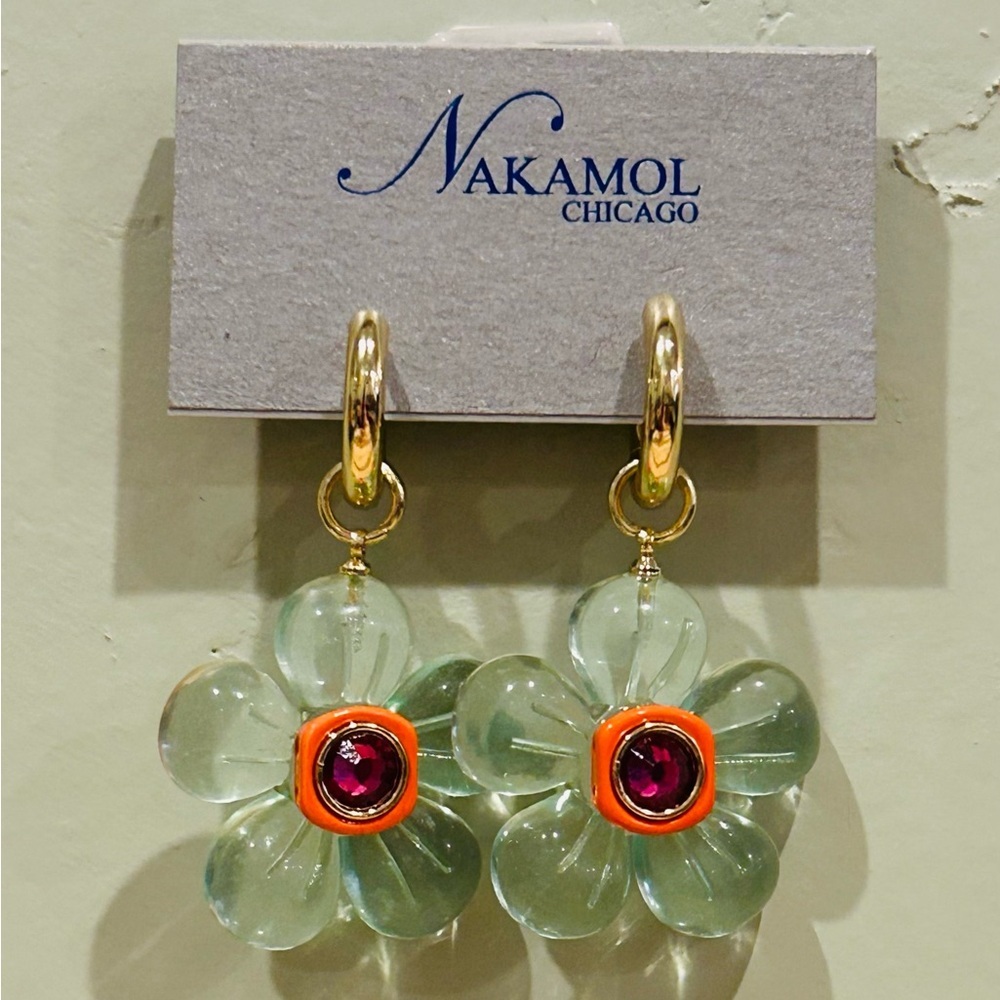 Nakamol Made In Thailand Blue & Orange Gummy Flower Crystal Earrings. Nwts